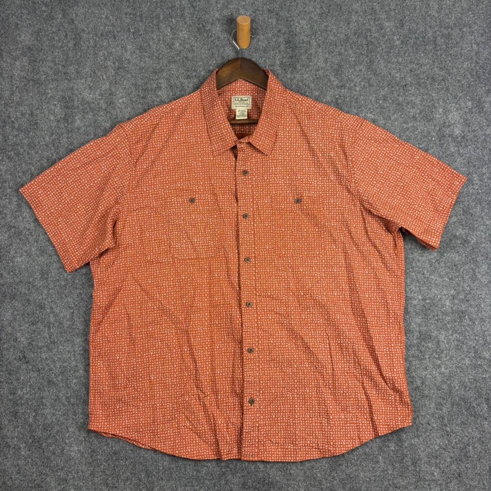 LL Bean Mens XL Traditional Fit Short Sleeve Button Down Shirt Orange 516644